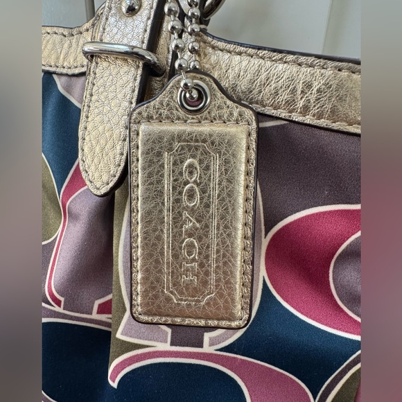 COACH Op Art Satin Tote Metallic Gold Trim Zip Top | Clean - Picture 10 of 11